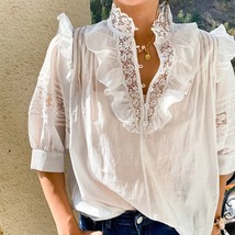 Boho Inspired elegant white shirt women ruffled neckline V-neck half sleeve summ - £98.23 GBP