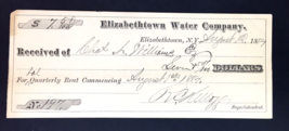 1884 Elizabethtown Water Company Quarterly Rent Check Receipt New York - $16.00