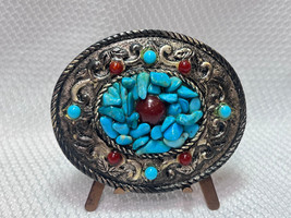 VTG Turquoise &amp; Red Color Stones South Western Country Style Oval Belt B... - £23.61 GBP