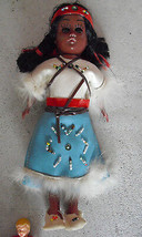 Vintage 1960s Plastic Indian Girl Doll with Babies Leather Outfit 7 1/2&quot; Tall - £14.52 GBP