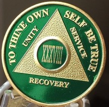 38 Year AA Medallion Green Gold Plated Alcoholics Anonymous Sobriety Chi... - £16.39 GBP