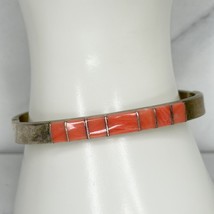 Vintage Coral Colored Inlay Mexico Sterling Silver 925 Hinge Bangle Bracelet - £54.60 GBP