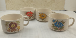 Vintage Stoneware Soup Chili Mugs Colorful Flowers Red Yellow Blue Brown Set 4 - $56.42