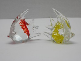 Murano Style Art Glass Yellow Orange White Hand Blown Angel Fish Paperweight 2pc - $29.99