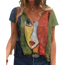 Tops Loose Vintage V Neck Tshirt Women&#39;s Summer Casual Oversize Print Sh... - $9.99