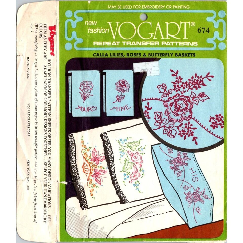 Vintage Vogart Transfer Patterns, 674 Calla Lilies Roses and Butterfly Baskets - $12.60