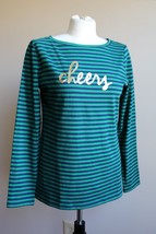 Talbots S Green Blue &#39;Cheers&#39; Stripe Novelty Long Sleeve Cotton Tee Top Shirt - £16.44 GBP