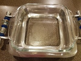 Glass ~Square Dish in Silver Metal Holder ~ Beaded Handle Design ~ 8.5&quot; ... - $50.00