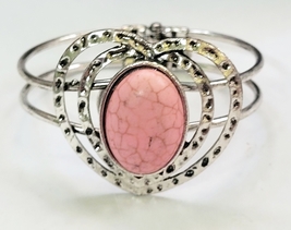 Pink Stone Hinged Bangle Bracelet Silvertone - £3.95 GBP