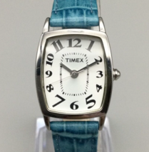 Timex Tank Watch Women Silver Tone 22mm Blue Leather Band 30M New Battery 2004 - £15.65 GBP
