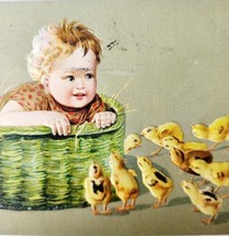 Easter Greeting 1900s Victorian Postcard Embossed Chicks Baby Basket PCBG6D - $24.99
