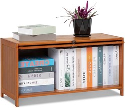 Monibloom Bamboo Bookcase With Flip Doors Free Standing Book Shelf, Brown - £51.24 GBP