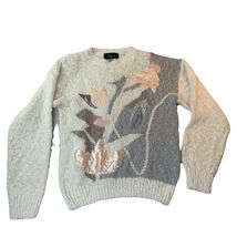 VTG Angenie Sweater Ivory Preppy 90s Faux Pearls Sequins Sz M - $27.00