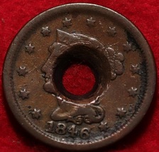 1846 Philadelphia Mint Copper Braided Hair Large Cent Bullet Hole.   202... - $19.99