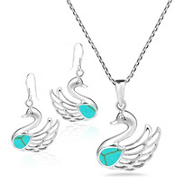 Majestic Swan Green Turquoise Sterling Silver Necklace Earrings Set - £27.04 GBP