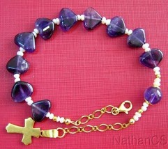 Catholic Rosary Bracelet Amethyst Heart Beads, Pearls &amp; Gold Vermeil - £99.46 GBP