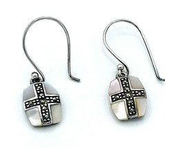 Vintage Sterling Silver 925 Mother Of Pearl Marcasite Dangle Pierced Ear... - £26.59 GBP