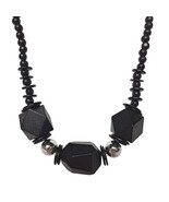 Handmade Black Beaded Statement Necklace With Geometric Wood &amp; Metal Acc... - $34.65