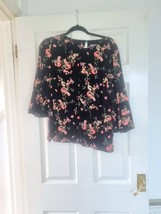 PHASE EIGHT Black Floral &amp; Bird Print Blouse With Trumpet Sleeves UK 10 - £14.78 GBP