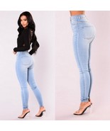 High Waisted Front and Back Pockets Zip Up Light Blue Denim Skinny Jeans... - £34.32 GBP