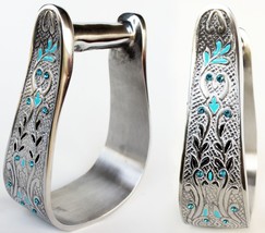 Pro Rider Western Show Horse Aluminum Engraved Stirrups Turquoise Crystals - $41.57