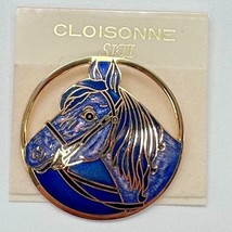 SITI Cloisonne Horse Head 1.5&quot; Circle Brooch Purple Enamel Gold Tone Vintage New - $29.70