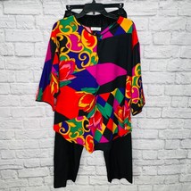 Vintage Lucie Ann II Lounge Set Size L Bright Colorblock Top Pants Flora... - £45.78 GBP