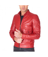 Casual Handmade Men&#39;s Stylish Leather Red Jacket Lambskin Genuine Motorc... - $159.52 CAD+