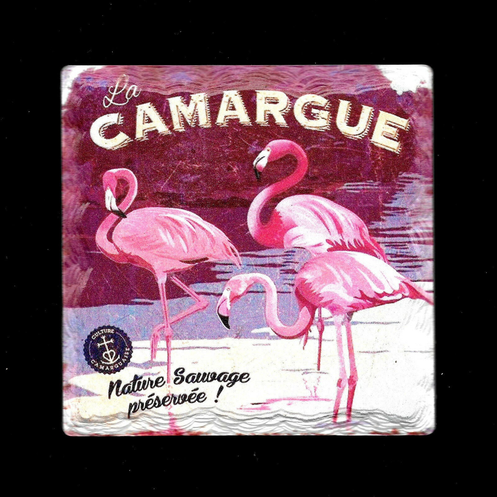 Tumbled tile, chiseled edge Flamants Roses Flamingo ceramic Coaster La Camargue - $13.37