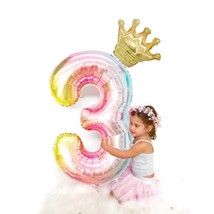 Number balloon rainbow golden crown Birthday decor girl number big gradi... - $19.95