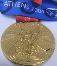 Athens 2004 Olympic Gold Medal with Silk Ribbons &amp; Logo Stands/Pouch !!! - £39.17 GBP