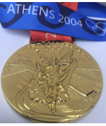 Athens 2004 Olympic Gold Medal with Silk Ribbons &amp; Logo Stands/Pouch !!! - £38.33 GBP