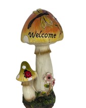 Dual Mushroom Welcome Statue 12&quot; High Resin Ladybug and Dragonfly Accents - £26.69 GBP