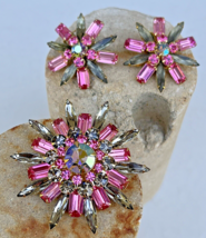 Vintage Judy Lee Brooch &amp; Clip Earrings Pink Olive Green &amp; AB Rhinestone... - £62.61 GBP