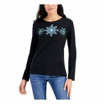 MSRP $37 Karen Scott Womens Glitter Graphic Long Sleeve T-Shirt Black Size XS - £6.70 GBP