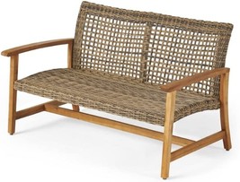 Marcia Outdoor Wood and Wicker Loveseat, Natural Finish with Gray Wicker - $246.99