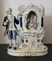 KPM Made in Korea Porcelain Figure Man & Woman In Litter Blue White Gilded - £30.30 GBP