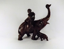Large Chinese Hand Carved Wood Elephant Sculpture Mother &amp; Baby Glass Eyes - £33.21 GBP