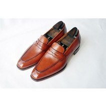Tan Apron Toe Pull On Penny Loafer Genuine Leather Men&#39;s Made To Order Shoes - £119.87 GBP