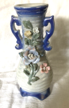 LUSTERWARE Blue Flower Vase With 3D Rose design vintage - $24.74