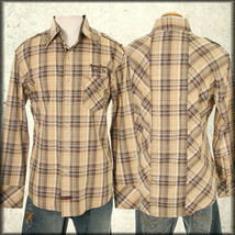 Fender Western Mens Long Sleeve Button Up Dress Shirt Brown Tan Plaid NEW S-M - $49.99