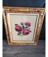 Pink Roses Floral Garden Needlepoint Gold Ornate Wood Frame w Glass HEAV... - $247.50