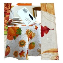 Round Fabric Tablecloth 70” Pumpkins Harvest Gourds Fall Leaves Autumn H... - $46.74