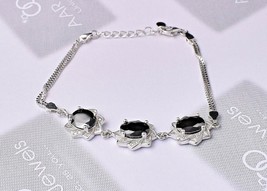 925 Sterling Silver Cubic Zirconia Chain &amp; Onyx Gemstone Bracelet Her Gift BS - £47.16 GBP