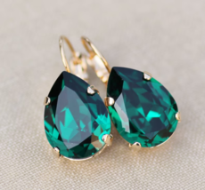 1.50Ct Pear Cut CZ Green Emerald Drop/Dangle Earrings 14K Yellow Gold PLated - £90.19 GBP