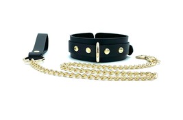Black Leather BDSM Collar &amp; Leash Set with Gold Hardware Mona Collection... - £75.76 GBP