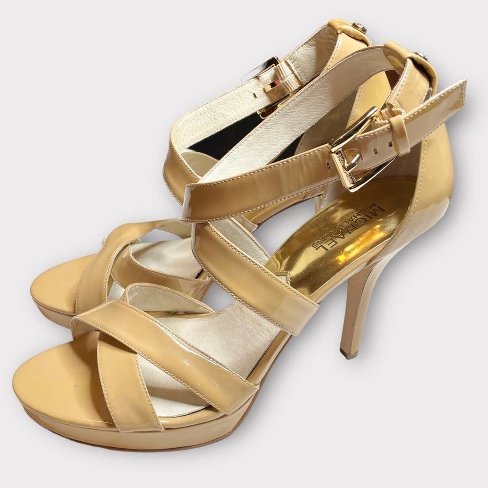 Primary image for MICHAEL Michael Kors Evie Patent Platform Strappy Heels Sandals tan nude Size 10