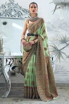 Soft Green Kashmiri Silk Saree With Blouse Piece || Handloom Weaving || designer - £96.57 GBP