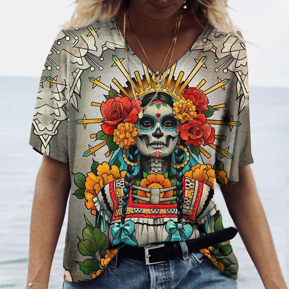 Primary image for Dia de los muertos skull gothic steampunk Women's T Shirt Tops V Neck Casual 1