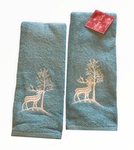 Reindeer Christmas Tree Hand Towels Holiday Set of 2 Embroidered Blue Wh... - £32.32 GBP
